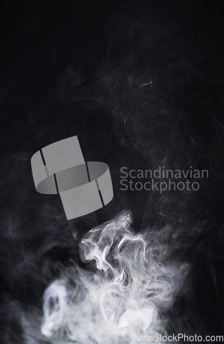 Image of Smoke png, white and transparent background and fog with abstract pollution swirl with no people. Cloud, art and steam pattern in the air with isolated, smoking and incense creativity with motion