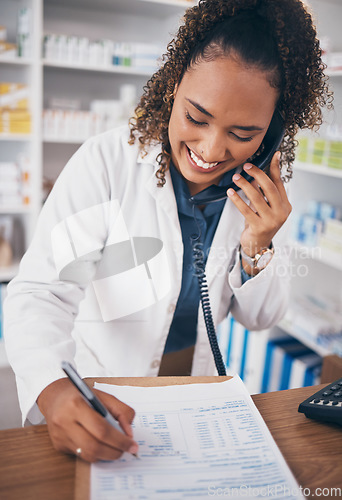 Image of Phone call, pharmacy and pharmacist woman with medicine checklist, customer service or virtual healthcare support. Happy doctor writing medical note, health insurance document and telephone help desk