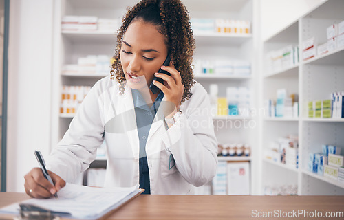 Image of Phone call, pharmacist woman and writing on medicine checklist, customer service or virtual pharmacy support. Serious doctor with medical notes, health insurance documents and talking at help desk