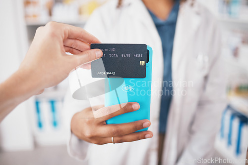 Image of Hands, pharmacy and credit card shopping with phone, payment and fintech for healthcare at store. Woman pharmacist, digital customer experience and ecommerce for medicine product at shop with pos