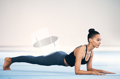 Image of Fitness, woman and stretching or plank in workout, exercise or training at gym on mockup. Serious, sporty and fit female exercising for healthy wellness or body stretch on floor with copy space