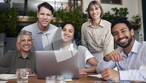 Image of Portrait, team and business people with a laptop, planning and discussion for new project, profit growth or share ideas. Face, staff or group in office, tech and device for research and brainstorming