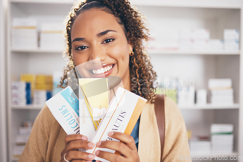 Image of Pharmacy, medicine or portrait of happy woman with pills or boxes of healthcare products in drugstore. Pharmaceutical sale or customer smiling with supplements package shopping in medical chemist