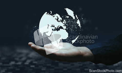 Image of Hand, world and dashboard with a man user holding a digital, ai or 3d earth for data and information technology. Future, globe and networking for innovation, cloud computing or internet communication