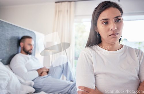 Image of Affair, stress and couple on bed, angry and fighting with silent treatment, affair and disagreement. Woman, man and people with marital problems in bedroom, ignore and sad with anxiety at home
