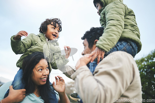 Image of Fun, happy and family outdoor in nature for quality time, love and care outdoor. Man, woman or mom and dad playing and laughing with kids at a park for happiness on vacation, holiday or travel trip