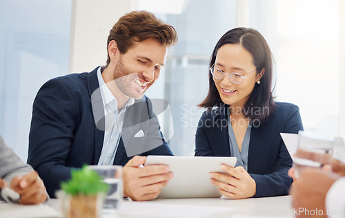 Image of Happy business people, teamwork and talking with tablet for discussion, planning and office collaboration. Man, woman and diversity of employees, digital technology and innovation in global startup