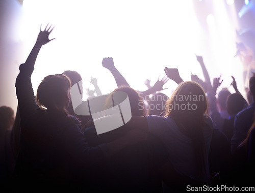 Image of Group of people dancing at music festival from back, lights and energy at live concert event. Dance, fun and crowd of excited fans in arena at rock band performance or audience at party in silhouette