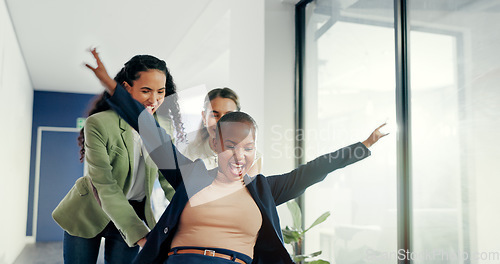 Image of Office, celebration or happy women push chair to celebrate business profit, investment growth or startup success. Diversity, fun excited people playing or throw financial documents of company revenue
