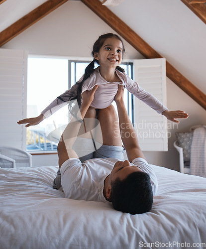 Image of Airplane, fun and happy girl with father on a bed playing, bonding and enjoying the morning indoors. Flying, game and child with parent in a bedroom for creative, fantasy and childhood happiness