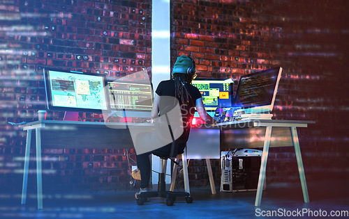 Image of Digital coding, hacker woman and computer monitor for cybersecurity, programming and big data. Website hack, dashboard and technology of a female working on futuristic, iot and software database