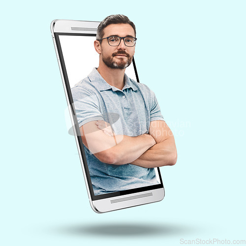Image of Phone pride, arms crossed and portrait of a man isolated on a white background in a studio. Communication, leadership and a mature guy with confidence, motivation and handsome on a mobile app