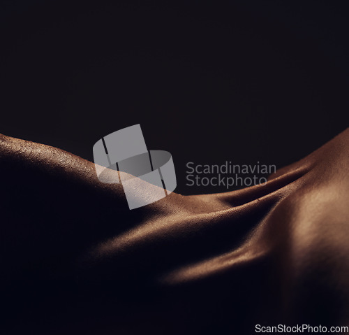 Image of Nude, body and silhouette, woman and closeup, sexy with dark aesthetic, art with skin and sensual on black background. Desire, beauty and creative with seduction, darkness and naked female in studio