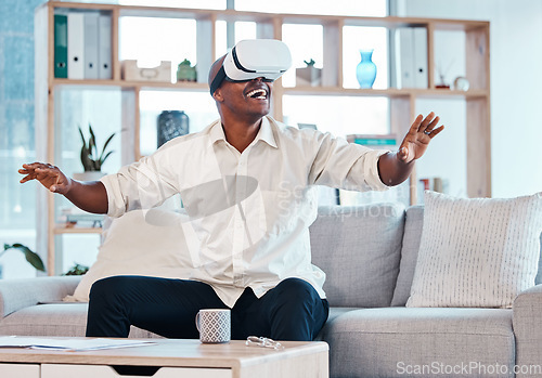 Image of Virtual reality glasses, man and happy in house for cyber experience, metaverse interface or video game. Black male, VR and games in lounge for future innovation, ui technology and excited simulation