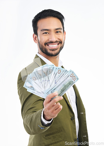 Image of Cash, money and portrait of business man on white background for bonus, financial savings and payment. Finance success, investment and happy male for winning, budget and stock market profit in studio