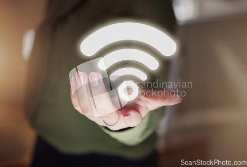 Image of Woman hands, hotspot and wireless icon for network, signal and connection to technology, internet and website media. Closeup of digital connectivity, symbol and transmission of online data hologram