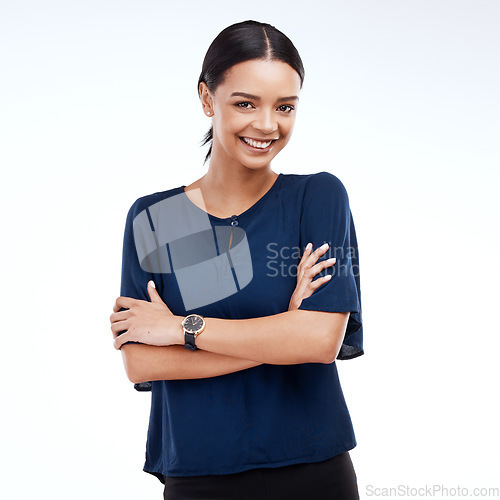 Image of Portrait, business and woman with smile, arms crossed and consultant isolated on a white studio background. Face, female employee and happy entrepreneur with happiness, growth and professional skills