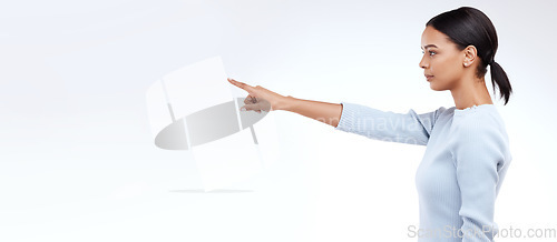 Image of Mock up woman, studio profile and pointing at sales promotion, advertising space or discount deal mockup. Commercial branding, marketing gesture or product placement female on white background banner