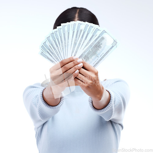 Image of Dollar money, hands or studio woman with lottery award win, competition giveaway or bonus cash payment. Finance trading bills, financial freedom or prize winner with person hidden on white background