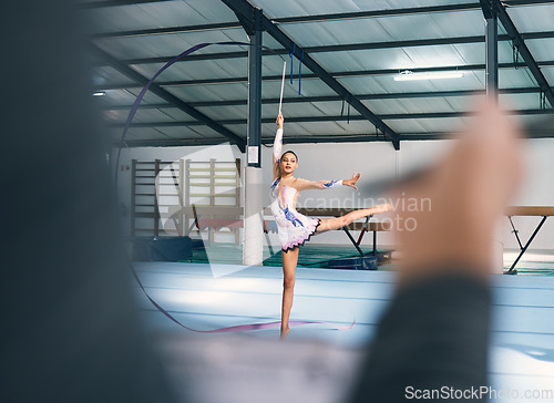 Image of Ribbon dance, sport checklist and woman gymnast with fitness, performance art and training. Gymnastics, dancing and show of a gymnastic dancer in competition with sports workout judge writing