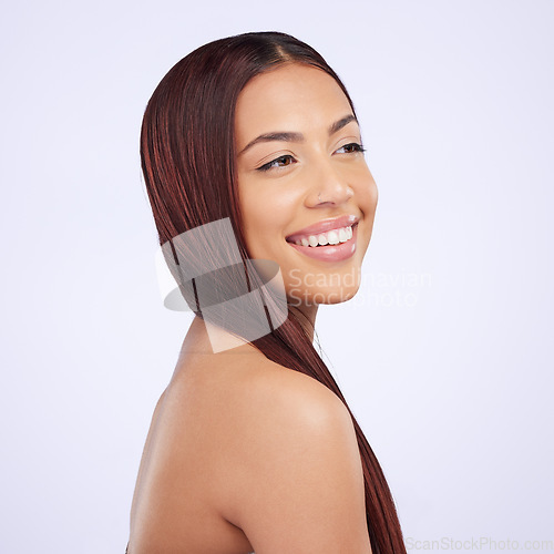 Image of Hair care, beauty and woman with smile, straight hairstyle and luxury salon treatment isolated on white background. Haircare, haircut and happiness, Brazilian model with happy face in studio mockup.