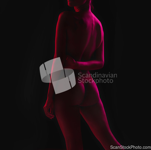 Image of Neon, creative and body of woman in studio for art, sexy and confidence. Beauty, health and lighting with female in underwear isolated on black background for fantasy, aesthetic and mystery mockup