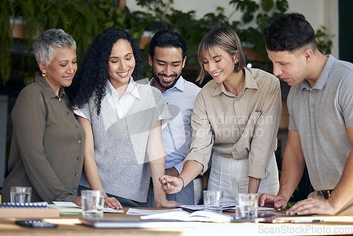 Image of Business, team and staff planning, smile and discussion for profit growth, new project and brainstorming. Employees, coworkers and consultants in office, share ideas and collaboration for analysis