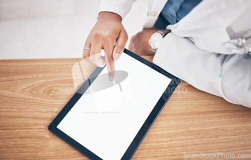 Image of Tablet mockup, woman or hand of doctor typing to search for healthcare services on marketing space. Medical screen closeup or worker by desk with medicine online research in pharmacy drugstore clinic