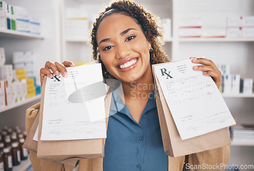 Image of Pharmacy, happy woman or customer with medicine bag or healthcare products or medication in drugstore. Receipt, pharmaceutical note or person with pills package or shopping in medical chemist retail