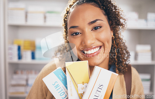 Image of Pharmacy, medicine or portrait of happy woman with boxes of pills or healthcare products in drugstore. Pharmaceutical sale or customer smiling with supplements package shopping in medical chemist