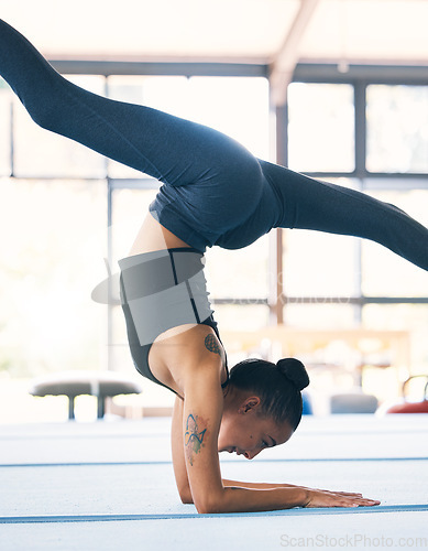 Image of Stretching, head stand and woman in gym, exercise and training for wellness, balance and workout goal. Female, person and athlete stretch, practice and flexibility with body care or healthy lifestyle