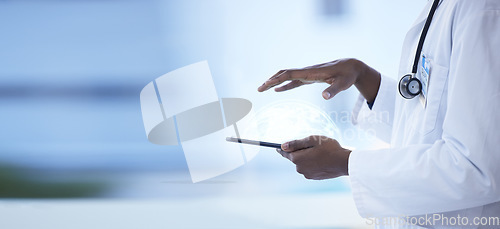 Image of Mockup, hands and doctor with tablet, futuristic and innovation for medicare, telehealth and typing. Medical professional, hand and person with a device, technology and research for diagnosis or cure