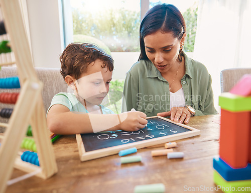 Image of Child, mother and chalkboard writing for math, numbers and home school development of happy family, help and support. Biracial woman or mom and kindergarten kid with learning, teaching and education