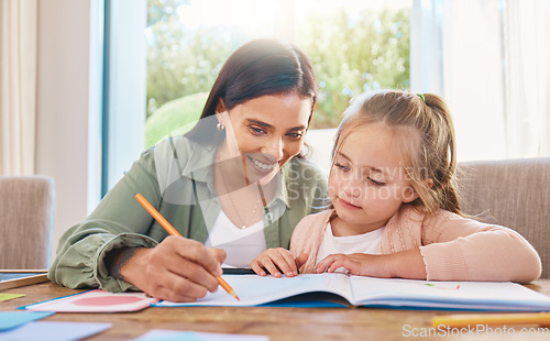 Image of Writing, helping and happy mother with girl for home education, language support and creative development. Family, biracial mom or woman teaching child, learning and drawing in book for creativity