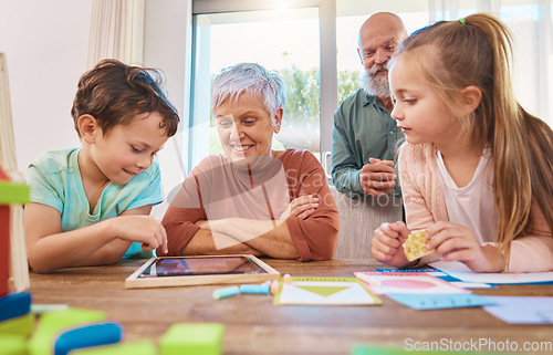 Image of Family, home school and tablet, grandparents and children at table learning online with technology app. Education, happiness or old woman, man and kids with elearning for growth and child development