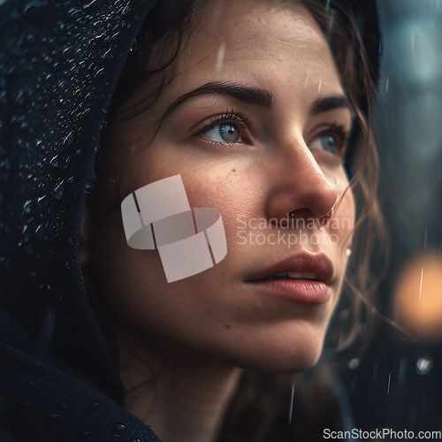 Image of Natural, real person portrait and closeup of a woman, girl or female outside in nature or a forest. Artistic, edgy and cute or pretty face - AI generated