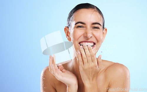 Image of Woman, teeth and portrait smile for dental care, skincare or hygiene against a blue studio background. Happy female face smiling for tooth whitening, oral or mouth surgery and clean beauty on mockup