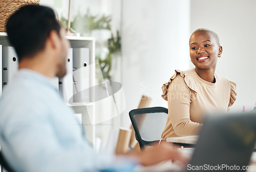 Image of Business people, friends and talking at the office in partnership, collaboration or teamwork. Happy employee woman smiling with colleague for team building, socializing or chat together at workplace