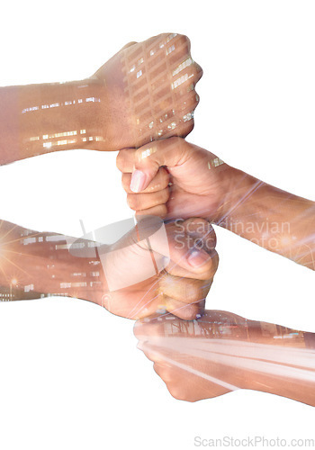 Image of Overlay, hands and collaboration with a team isolated on a white background in studio for solidarity. Fist, city and teamwork with a group of people stacking their fists in partnership or unity