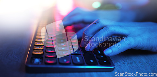 Image of Hacker, hands and typing on neon keyboard for software, programming or cybersecurity. Developer, it coder and woman on computer keypad for hacking, phishing and dark web malware at night in home.