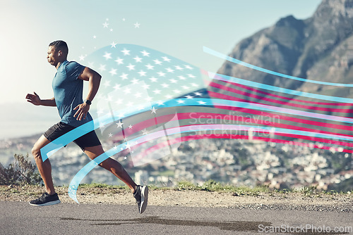 Image of American flag, running and man with challenge for sports, cross country marathon and cardio workout. Fitness, performance and male athlete on road in USA with speed for exercise, training or wellness