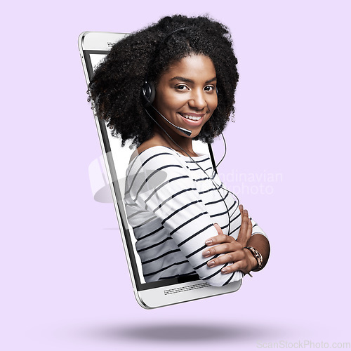 Image of Call center, phone and portrait of a woman in studio with a digital 3d display and mockup. Happy, smile and face of female model with telemarketing headset standing in cellphone by purple background.