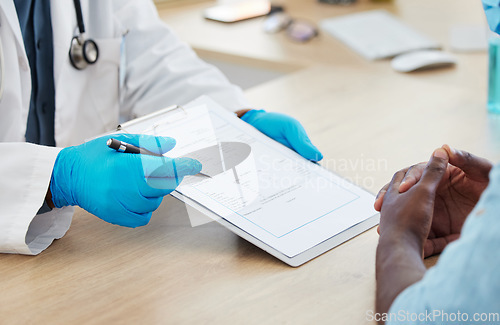 Image of Insurance, forms and doctor with a man for healthcare, medical advice and results in an office. Help, talking and a gp giving instructions to a patient about a document, prescription or treatment