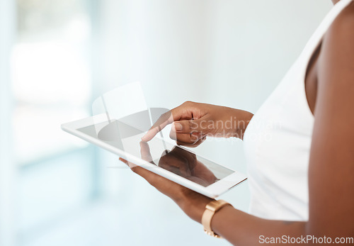 Image of Business woman, tablet and hands for communication, internet and network connection. Black female entrepreneur hand on touch screen for social media, management report or online search on mobile app