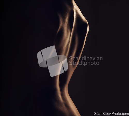 Image of Nude, back and silhouette, sexy woman with body closeup, dark aesthetic and art, skin and sensual on black background. Desire, beauty and creative with seduction, cosmetics and naked female in studio