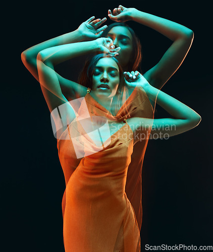 Image of Green light, double exposure and dancing of woman with beauty and art aesthetic. Creative neon lighting, female and model with dark background in a studio with modern style and designer dress