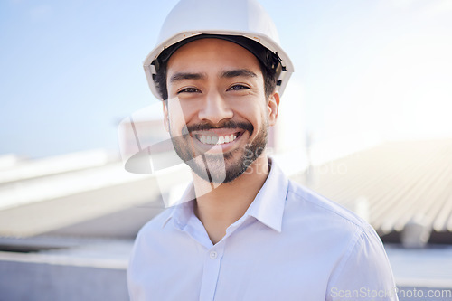 Image of Asian man, architect and portrait smile for construction, building or roof top project in city. Happy face of male contractor, engineer or builder smiling for architecture with safety helmet in town