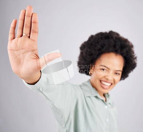 Image of High five, happy and portrait of hand of a black woman isolated on a white background in a studio. Motivation, smile and an African girl with a gesture for greeting, hello and support on a backdrop