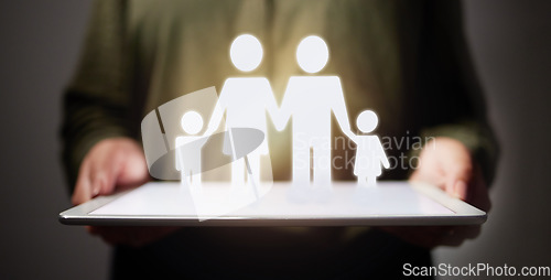 Image of Hands, family or life insurance hologram on tablet for future investment security, planning savings or 3d at night. Closeup, parents and children abstract on technology screen in late financial cover