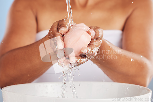 Image of Woman hands, soap and water, handwashing and hygiene with beauty, sustainable skincare and health. Closeup, cleaning product and grooming with person, natural cosmetics and healthy cosmetic care